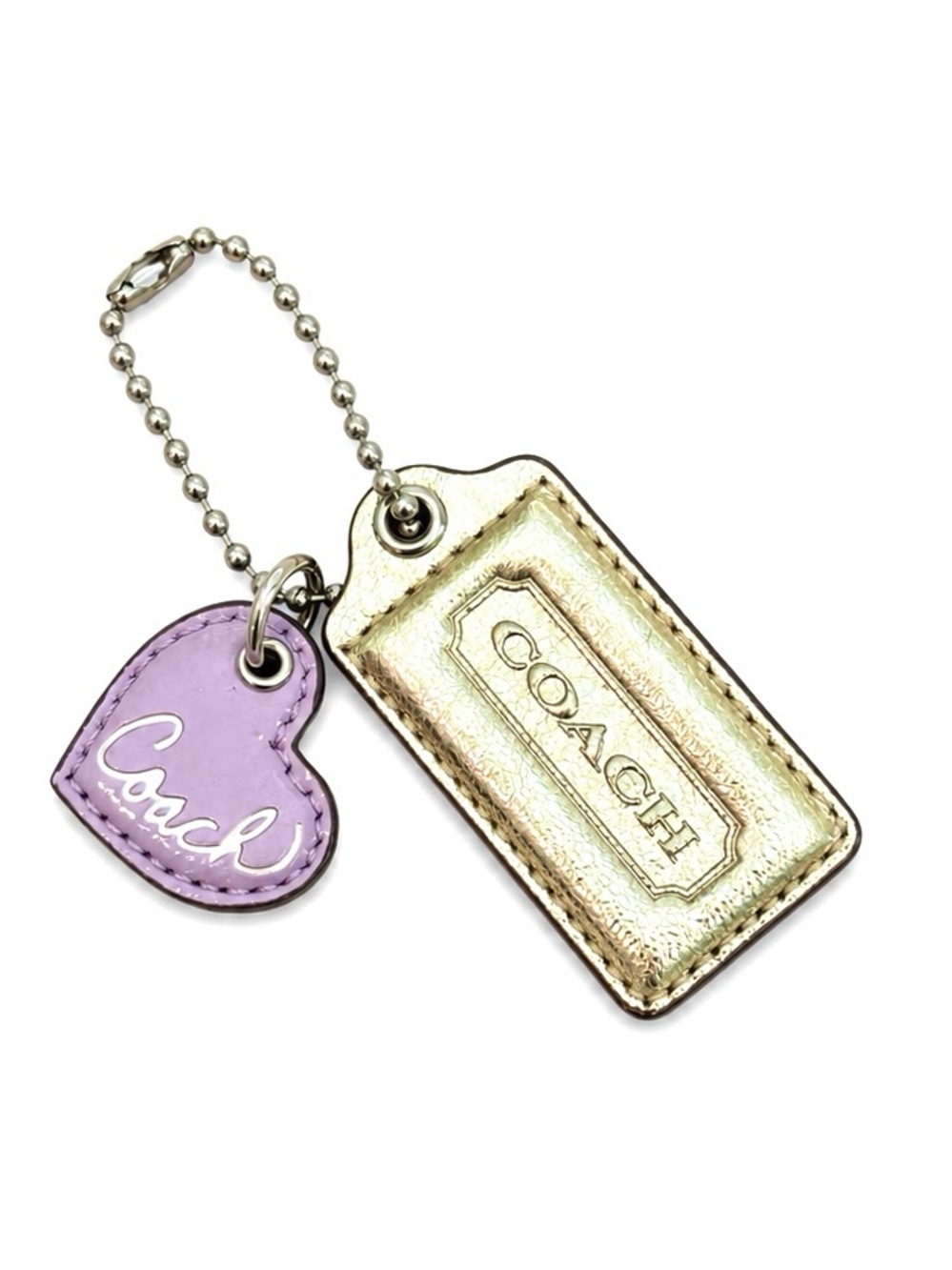 COACH Metallic Gold Leather Hangtag & Lilac Leather Coach Heart Charm